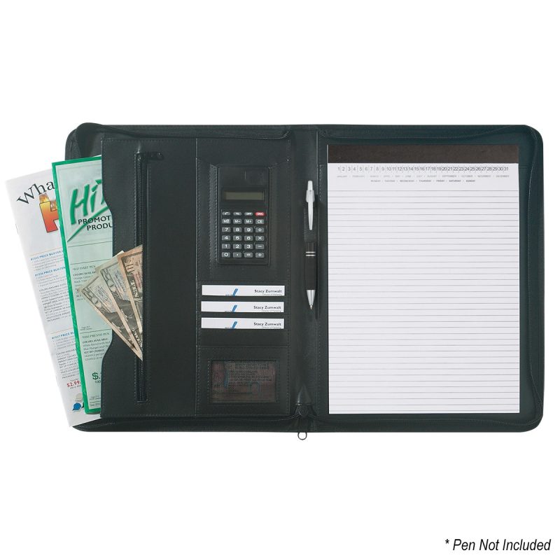 Custom Leather Look 8 ½" X 11" Zippered Portfolio With Calculator - 3