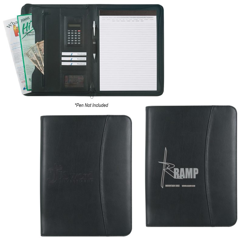Custom Leather Look 8 ½" X 11" Zippered Portfolio With Calculator